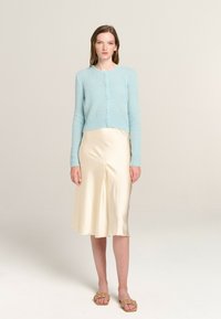 Light blue cropped cardigan with long sleeves and button closure, paired with a cream silk slip skirt. Model wearing tan braided sandals.