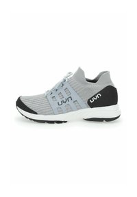 Men’s running shoes in gray mesh with black accents. Features a cushioned white sole and light blue laces. Streamlined, modern design.