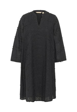 Vestido negro de manga larga con escote redondo partido y bordado floral texturizado en toda la tela.