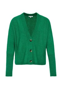 Zielony dziergany kardigan z dekoltem w serek, długimi rękawami i pięcioma dużymi guzikiem z przodu, z prążkowaną teksturą na rękawach.