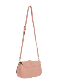 Rózsaszín műbőr keresztpántos táska fedéllel, állítható pánttal és sima textúrával. Elegáns, téglalap alakú kivitel.