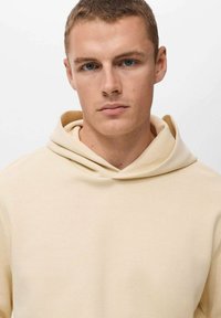 Beige hættetrøje med krave i mellem længde og blød tekstur. Designet er minimalistisk, uden synlige mønstre eller udsmykninger.