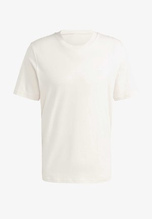 T-shirt blanc uni à manches courtes avec un col rond et un petit logo discret Adidas Trefoil sur le côté gauche de la poitrine.