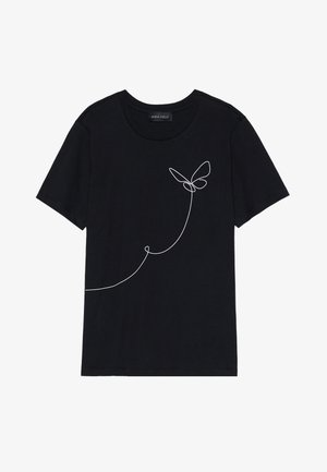 Black cotton t-shirt with short sleeves, featuring a white line drawing of a butterfly and spiral design on the front. Round neckline.