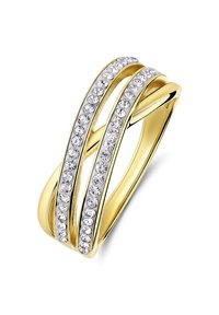 Goldfarbener Ring mit drei ineinander verschlungenen Bändern, ausgestattet mit einer Reihe klarer Edelsteine in der Mitte, glatte Oberfläche und polierte Kanten.