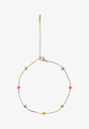 Gold chain anklet with clasp and extender, featuring small round beads in green, blue, pink, and yellow spaced evenly around it.