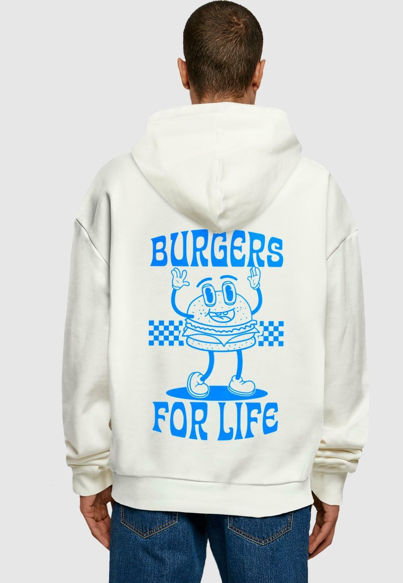 White hoodie featuring a blue graphic illustration of a smiling burger character, with the text "BURGERS FOR LIFE" and checkered accents.
