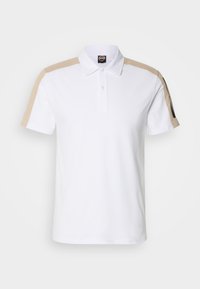 Baltas polo marškinėliai su smėlio spalvos peties akcentais. Su klasikinio stiliaus apykakle, trumpomis rankovėmis ir dviejų mygtukų užsegimu. Lygus paviršius, kasdieniškas dizainas.