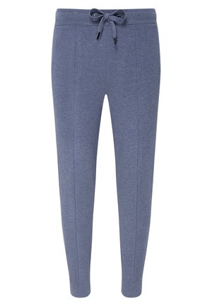 Pantalones de chándal azul oscuro con cordón en la cintura, hechos de tela suave, que cuentan con bolsillos laterales y un diseño de pierna ajustada.