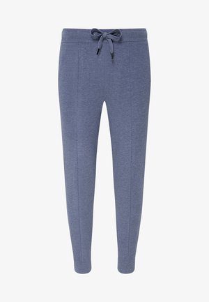Donkerblauwe joggers met een elastische tailleband met trekkoord, gemaakt van zachte stof, met zijzakken en een taps toelopend ontwerp.