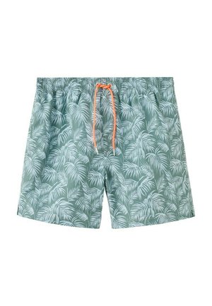 Grønne badeshorts med lyst palmebladsmønster og orange snøre i taljen, fladt lagt på hvid baggrund.