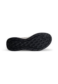 Semelle de chaussure en caoutchouc noir avec un motif de bande de roulement géométrique texturé et le nom de la marque "ecco" embossé près du centre.
