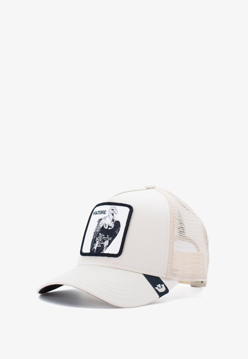 Cream-colored baseball cap with mesh back, featuring a black and white embroidered patch of a vulture and the word "VULTURE."