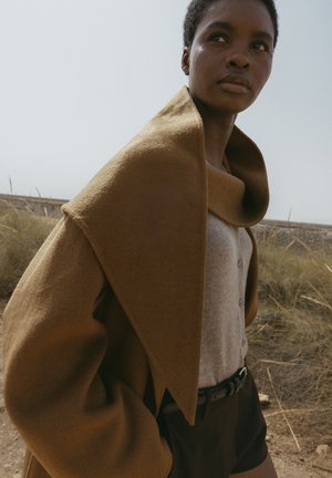 Brown wool coat with wide collar, layered over a light gray button-up and black shorts. Smooth texture with oversized fit and clean lines.