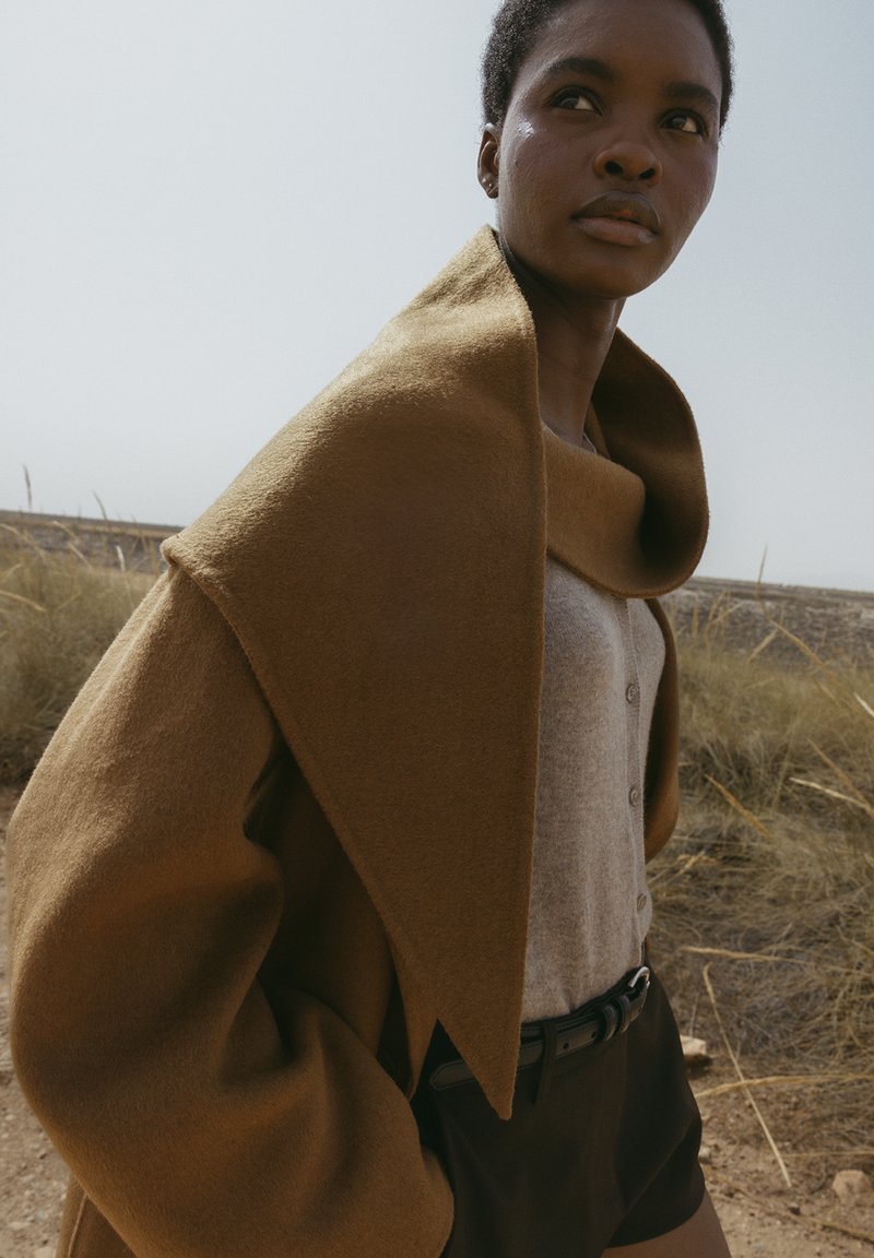 Pruun villane mantel laia kraega, seljas heledat halli nööbiga särki ja musti lühikesi pükse. Sujuv tekstuur, suurepärane lõige ja puhtad jooned.