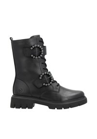 Stivale alla caviglia in pelle nera con lacci, suola chunky, dettagli decorativi in perle sulle cinghie e un linguetta sul retro per una facile calzata.