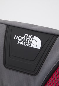 Gros plan d'un sac à dos en tissu gris montrant un écusson noir avec le logo blanc The North Face et une partie en mesh rouge.