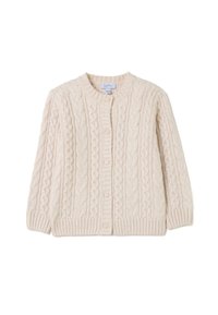 Cremefarbener Kabelstrickcardigan mit rundem Ausschnitt, langen Ärmeln und fünf Knöpfen an der Vorderseite. Rippbündchen und Saum.