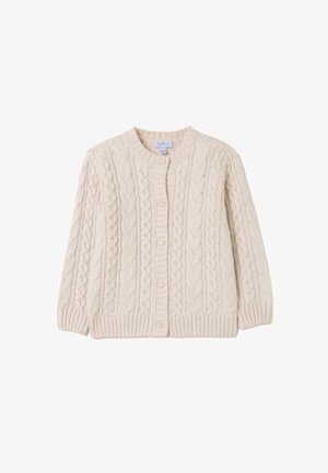 Cardigan crème en tricot torsadé avec un col rond, des manches longues et cinq boutons sur le devant. Poignets et ourlet côtelés.