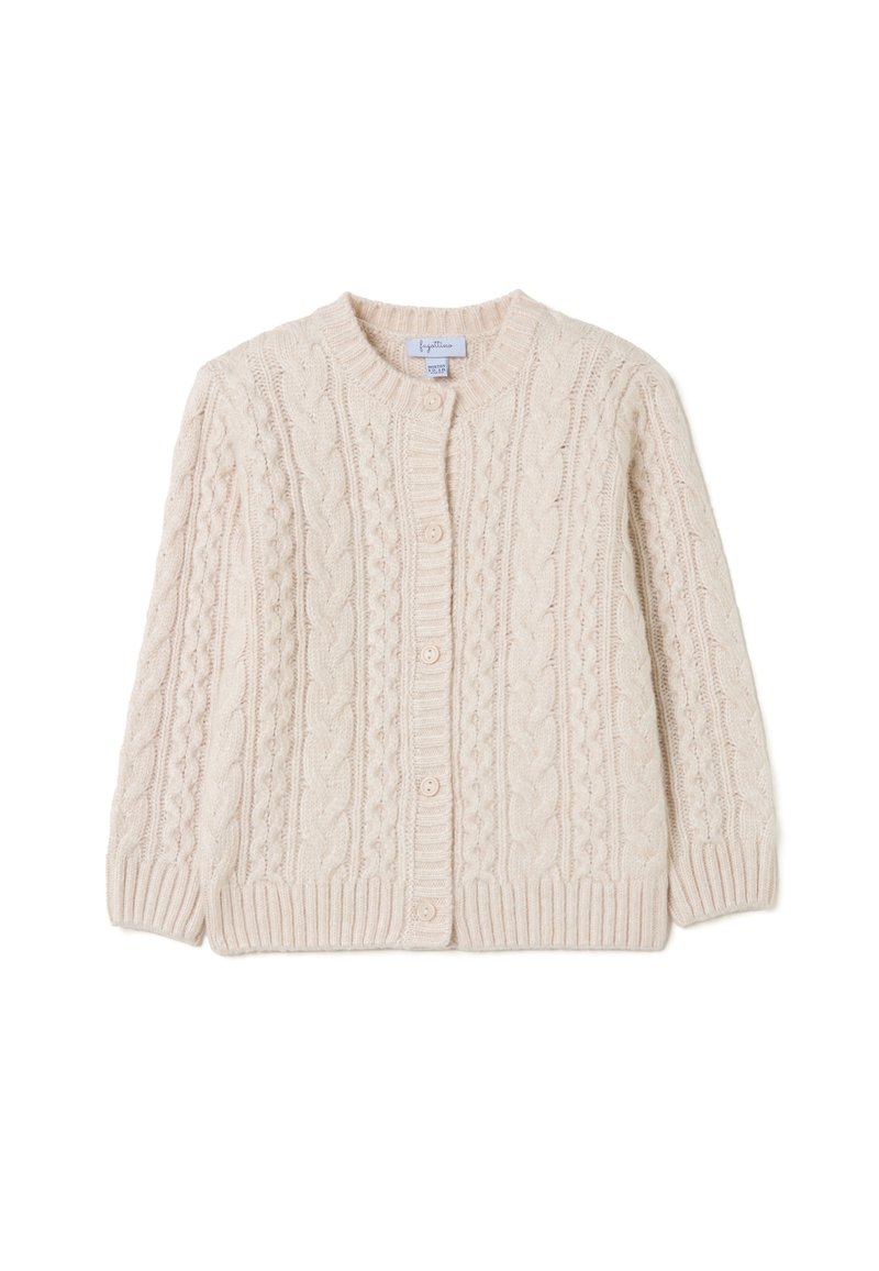 Cremefarbener Kabelstrickcardigan mit rundem Ausschnitt, langen Ärmeln und fünf Knöpfen an der Vorderseite. Rippbündchen und Saum.