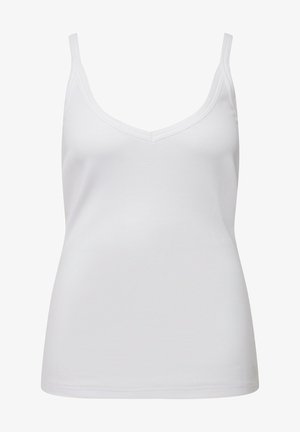White sleeveless tank top with a v-neckline, made of ribbed fabric, featuring a fitted design and straight hem. No patterns or accents.
