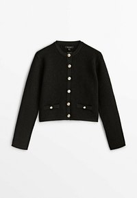 Cardigan noir en maille à manches longues avec encolure ronde, six boutons dorés sur le devant, et deux poches avant avec détails à boutons.
