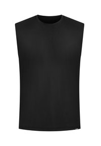 Schwarzes ärmelloses T-Shirt aus glattem Stoff. Mit Rundhalsausschnitt und geradem Schnitt, versehen mit einem dezenten Etikett am unteren Saum.