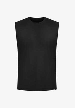 Zwarte mouwloze T-shirt van gladde stof. Heeft een ronde halslijn en rechte snit, met een subtiel label aan de onderzoom.