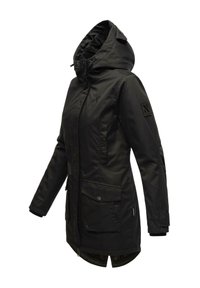Black outdoor jacket with a hood, featuring two front pockets, a zipper closure, and drawstring detail. Smooth texture and tailored fit.