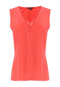 Top bez rękawów w jasnym koralowym kolorze z dekoltem w serek. Gładki, błyszczący materiał o lekko połyskującym wykończeniu. Posiada ma�ły środkowy zakład i boczne rozcięcia przy hemie.
