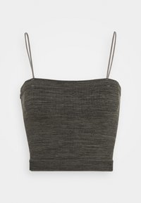 Top corto grigio scuro a coste con sottili spalline a spaghetti. Il tessuto presenta un motivo testurizzato e un design aderente.