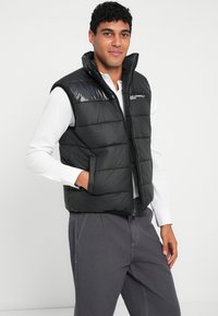 Melna pūka bezmugura veste ar augstu apkakli un priekšējo rāvējslēdzēju. Iezīmējas ar kvadrātveida šuvēm un sānu kabatām. Apģērbs virs baltas garām piedurknēm uzvalka.