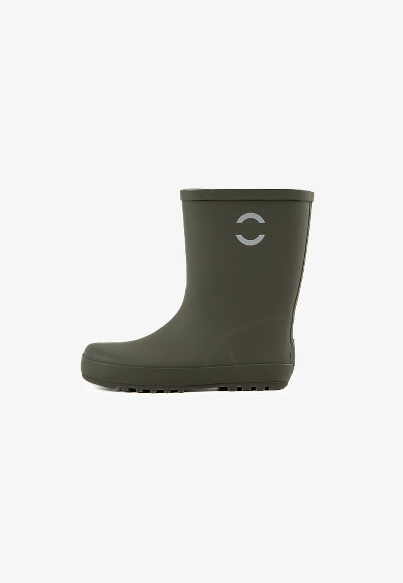 Green rubber rain boot with a rounded toe, flat sole, textured traction grooves, and a circular logo in reflective silver on the side.