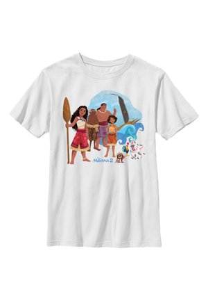 Maglietta bianca in cotone con una grafica colorata dei personaggi di Moana 2, con un design di onde e una canoa sullo sfondo.