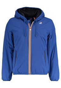 Blaue Kapuzenjacke aus glattem, wasserabweisendem Material. Mit zweifarbigem Reißverschluss, elastischen Bündchen und Seitentaschen.