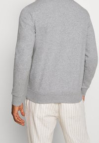 Šedá mikina s dlouhými rukávy, žebrovanými manžetami a lemem, vyrobená z měkké látky. Nošená s bílými pruhovanými kalhotami, zobrazen pohled zezadu.