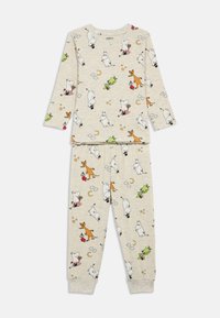 Cotton pajama set featuring long-sleeve top and pants with a light beige background, adorned with whimsical animal prints in various colors.