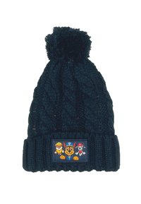 Gorro de punto navy con un patrón de trenzas, rematado con un pom-pom. Presenta un parche con tres personajes de perros en dibujos animados sobre un fondo oscuro.