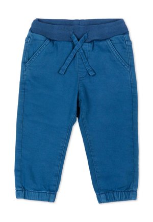 Pantaloni blu per bambino con elastico in vita, coulisse, tasche laterali e polsini elastici su sfondo bianco.