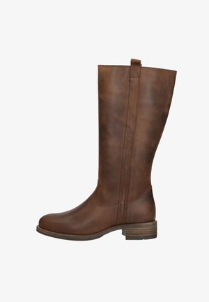 Botte en cuir marron, haute jusqu'au genou, avec une texture lisse, un bout rond, des accents cousus et un talon empilé. Elle possède une languette de traction en haut.