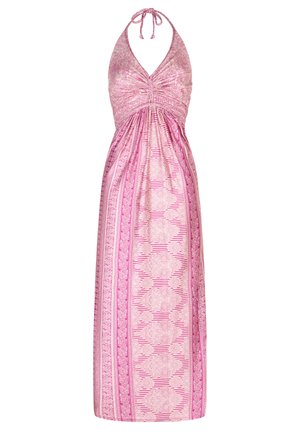 Rosa Maxikleid mit Neckholder und gerafftem Oberteil, verziert mit einem Muster aus Paisley und Streifen, aus glattem Stoff und in knöchellanger Silhouette.