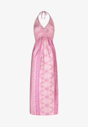 Rosa Maxikleid mit Neckholder und gerafftem Oberteil, verziert mit einem Muster aus Paisley und Streifen, aus glattem Stoff und in knöchellanger Silhouette.