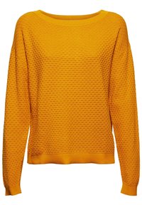 Pull en maille jaune moutarde avec un motif en nid d'abeille texturé, manches longues, poignets et ourlet côtelés.