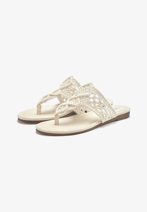 Geweven flip-flops met een lichtbeige gebreid bovenwerk, een gevormde voetbed en een flexibele rubberen loopzool met een gladde textuur.