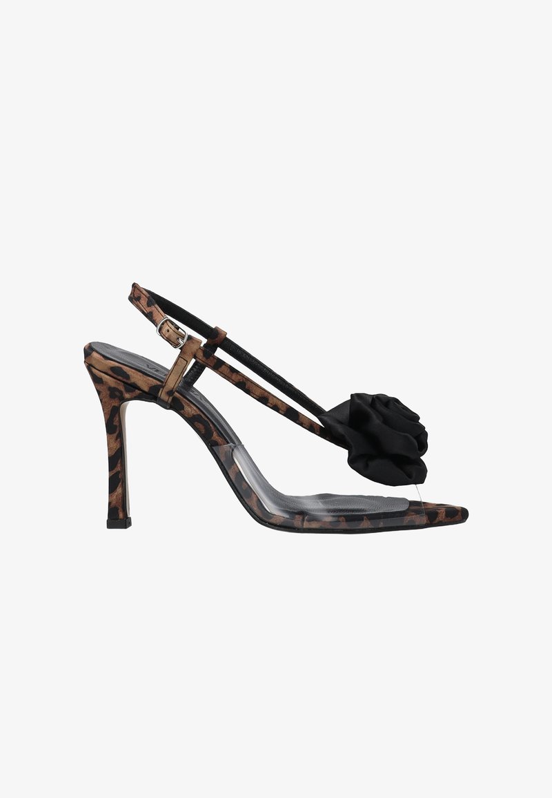 Leopardenmuster Slingback-Absatzschuhe mit klarem Absatz und einem Akzent aus schwarzem Stoff in Blumenform. Stiletto-Design aus synthetischem Material.