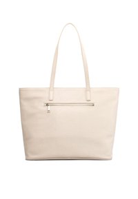 Borsa a spalla beige realizzata in materiale testurizzato con due manici lunghi, dotata di una tasca con zip prominente sul davanti.