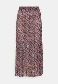 Jupe maxi avec une taille élastique, présentant un motif floral en violet, rose et crème. Tissu léger avec un design fluide.