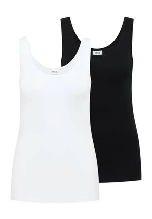 Deux débardeurs sans manches, l'un blanc et l'autre noir, tous deux avec un col arrondi et une petite étiquette "CECIL" à l'intérieur du col.