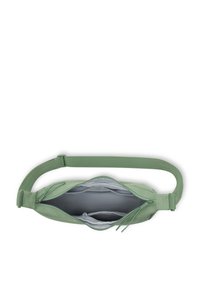 Borsa in tessuto verde con design piatto, chiusura a zip e cinturino regolabile. L'interno presenta una fodera grigia e una piccola tasca.
