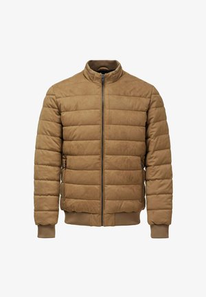 Beige gepolsterte Jacke mit hohem Kragen, horizontal gestepptem Design, Frontreißverschluss und elastischen Bündchen. Glatte Textur, leichtes Erscheinungsbild.